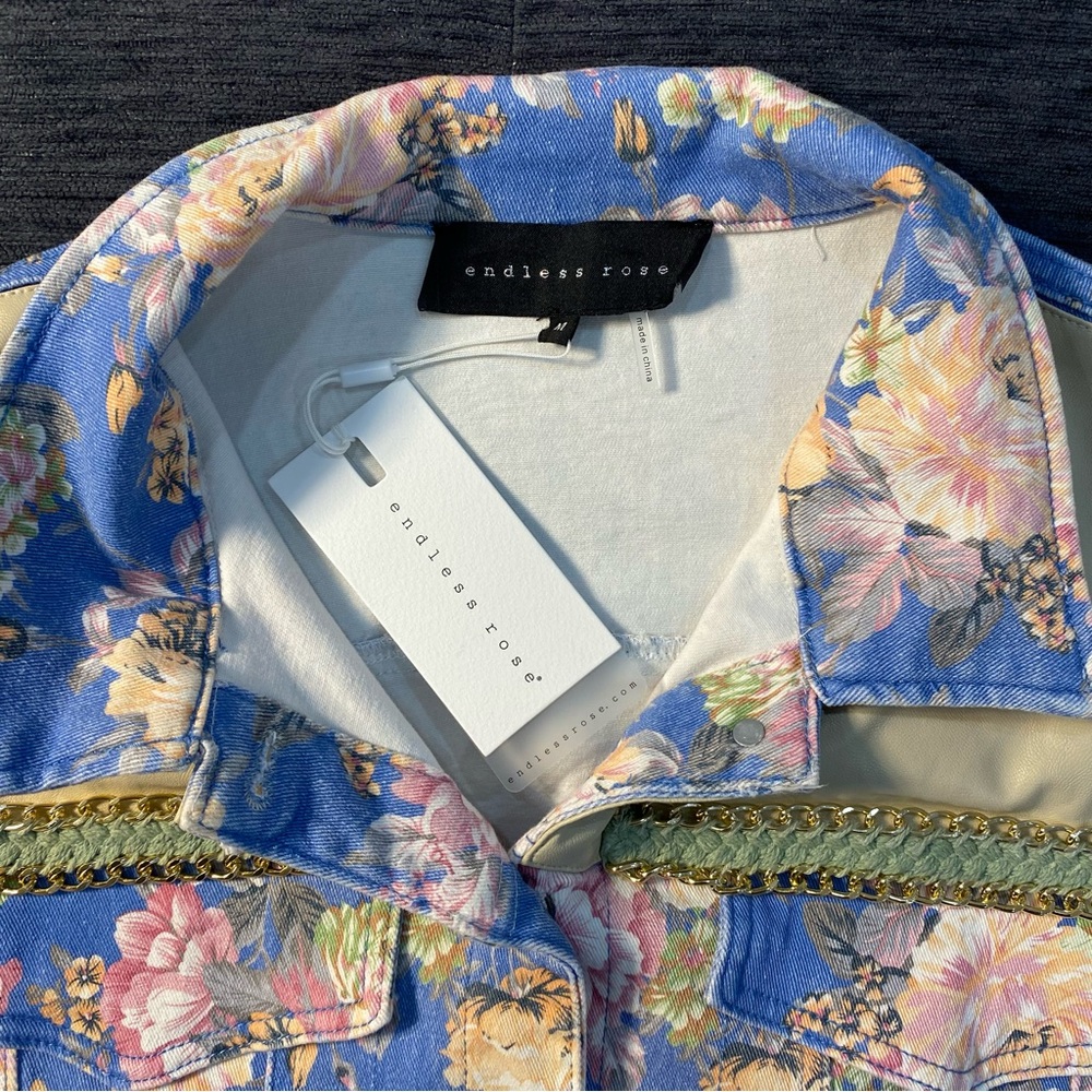Endless Rose Blue and Tan Floral Jean Jacket - Picture 2 of 16